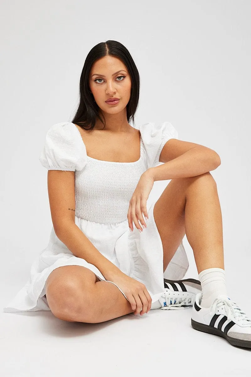 White Fit and Flare Dress Short Sleeve Shirred sold by Ally Fashion