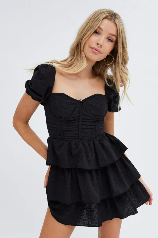 Black Corset Dress Puff Sleeve Tiered Bustier Dress sold by Ally Fashion