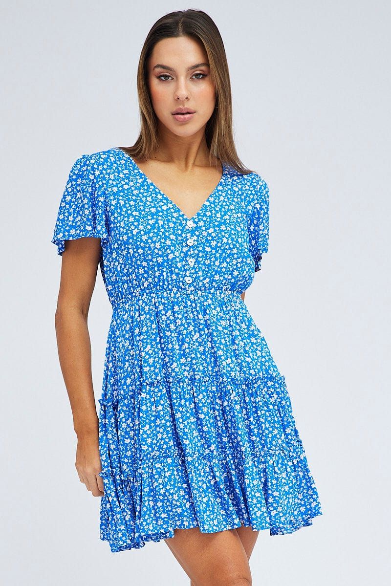 Blue Ditsy Fit And Flare Dress Short Sleeve Mini sold by Ally Fashion product image thumbnail 3