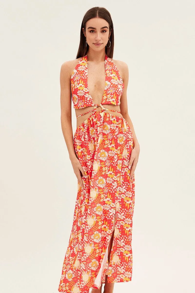 Red Floral Maxi Dress Cutout Front Split sold by Ally Fashion product image thumbnail 2