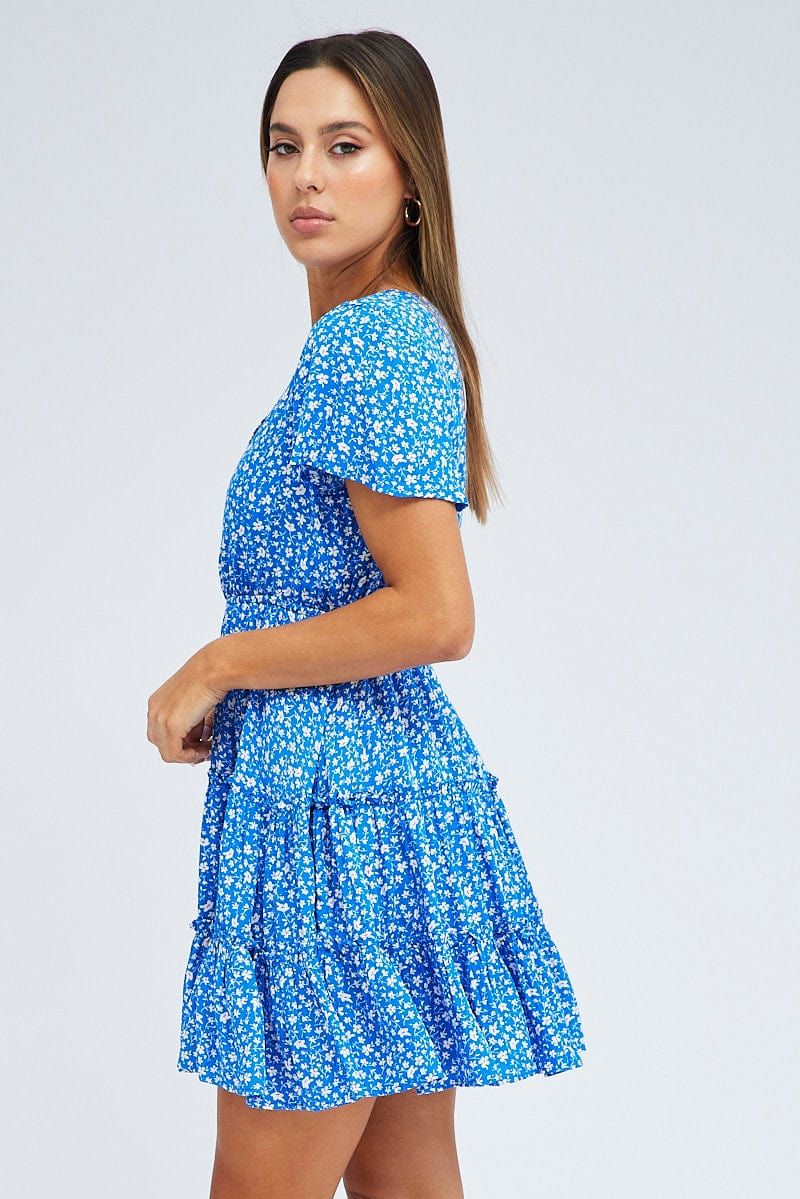 Blue Ditsy Fit And Flare Dress Short Sleeve Mini sold by Ally Fashion product image thumbnail 4