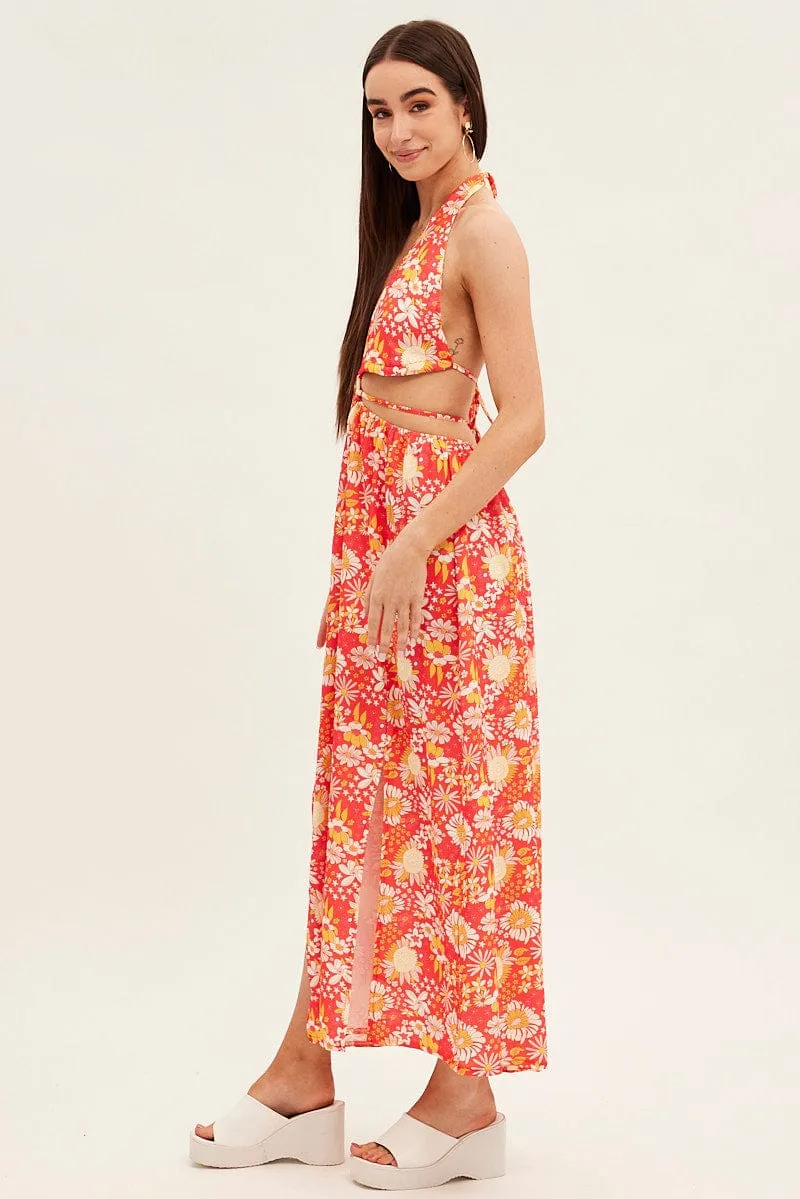 Red Floral Maxi Dress Cutout Front Split sold by Ally Fashion product image thumbnail 4
