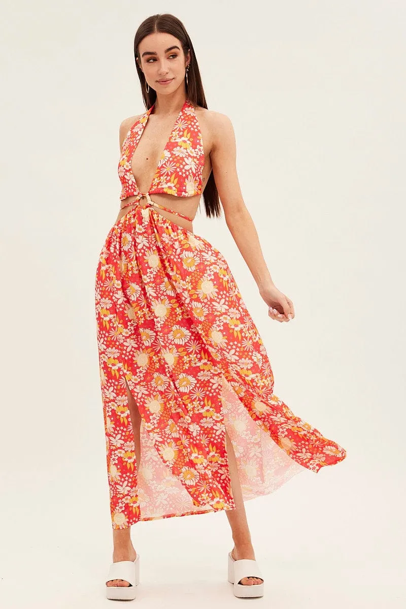 Red Floral Maxi Dress Cutout Front Split sold by Ally Fashion