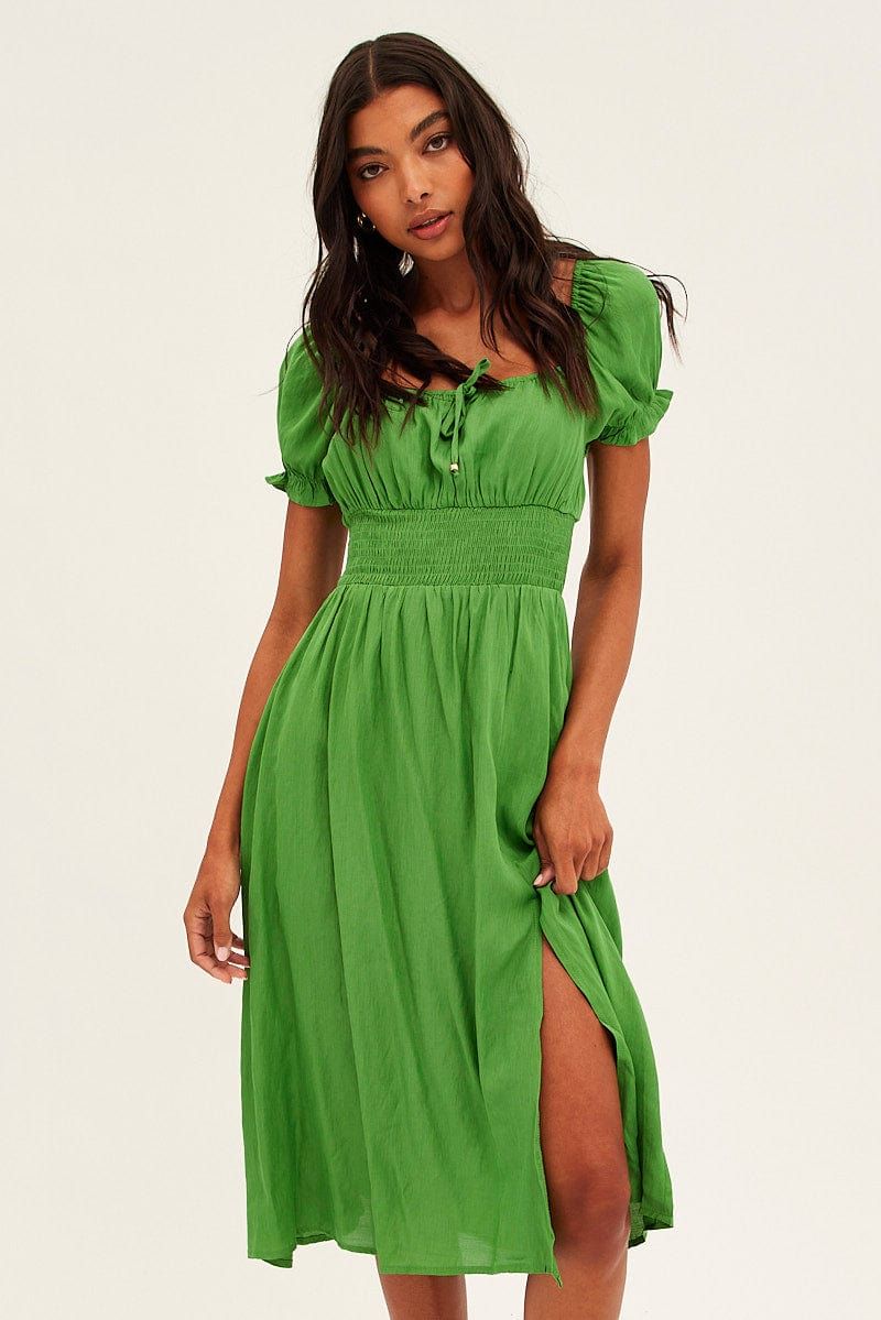 Green Midi Dress Puff Sleeve Square Neck Front Split sold by Ally Fashion