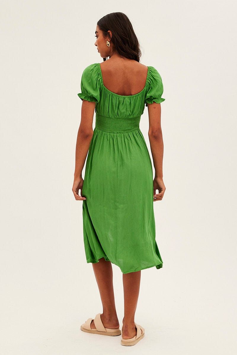 Green Midi Dress Puff Sleeve Square Neck Front Split sold by Ally Fashion product image thumbnail 5