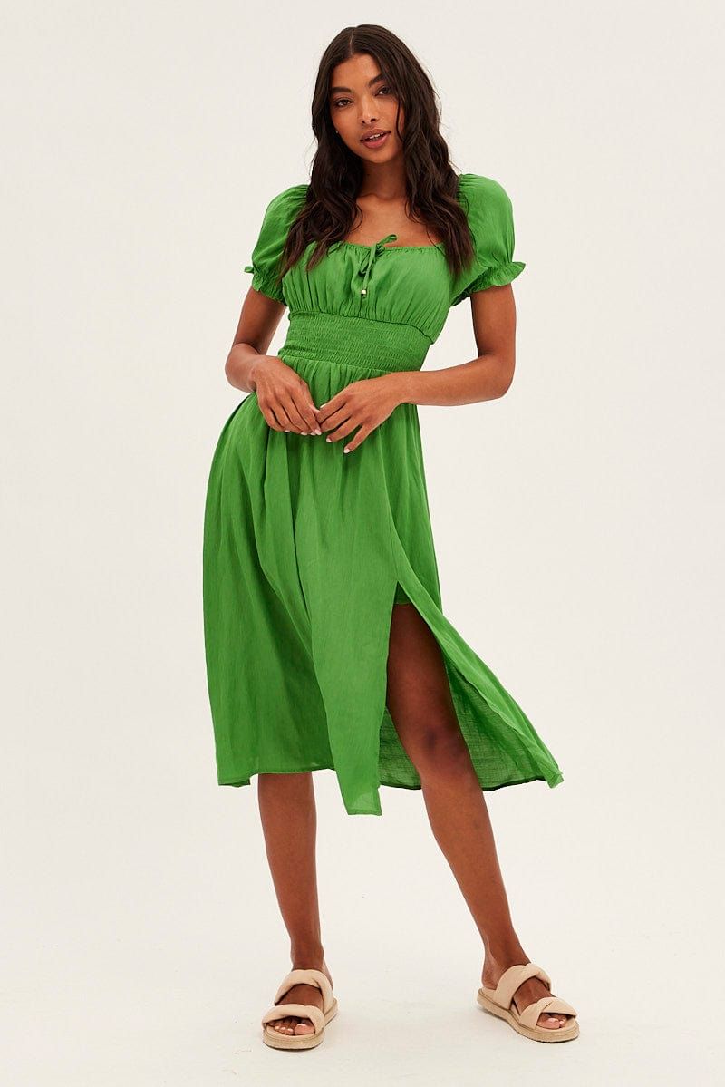 Green Midi Dress Puff Sleeve Square Neck Front Split sold by Ally Fashion product image thumbnail 2
