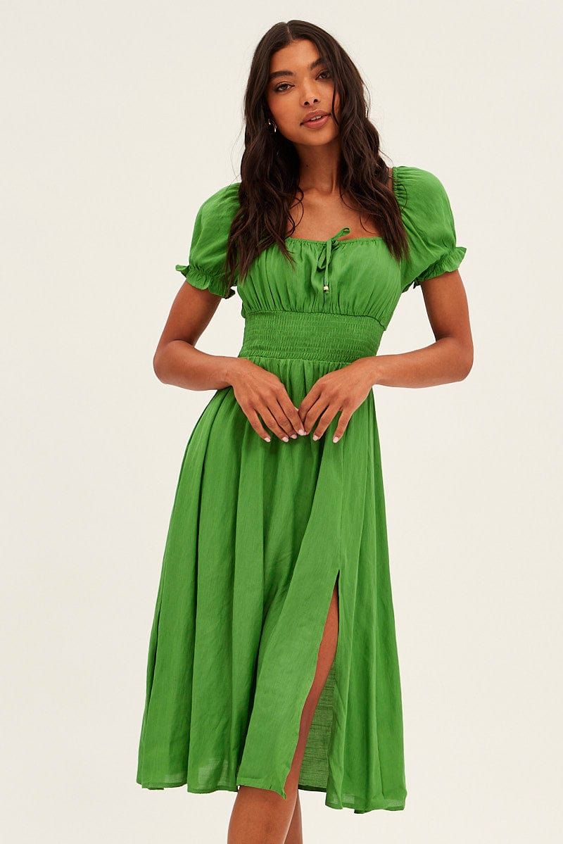 Green Midi Dress Puff Sleeve Square Neck Front Split sold by Ally Fashion product image thumbnail 3