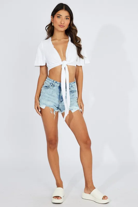 White Tie Up Top Short Sleeve Linen sold by Ally Fashion