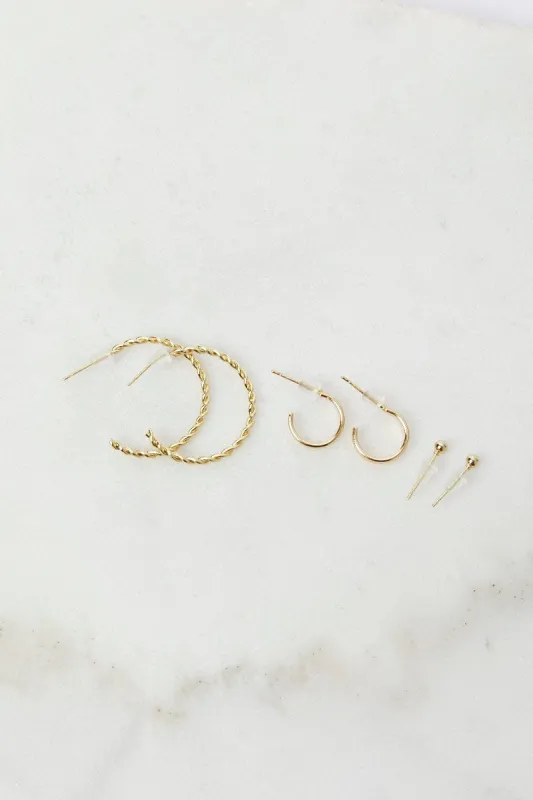 Gold 3 pack Hoop and Ball Earrings sold by Ally Fashion
