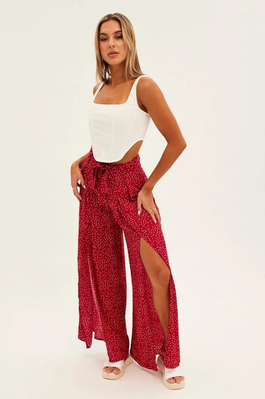 Red Polka Dot Wide Leg Pants High Rise Waist Tie sold by Ally Fashion