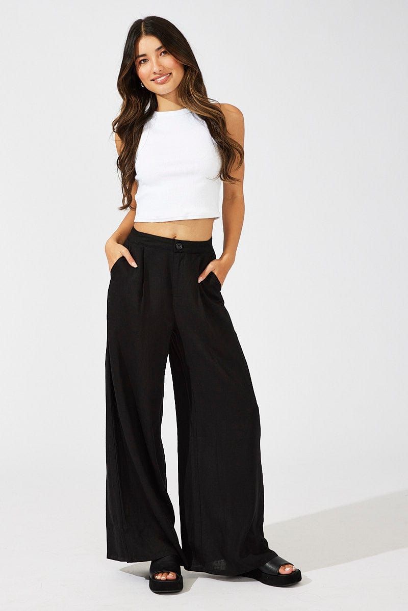 Black Wide Leg Pants High Rise Linen Blend sold by Ally Fashion