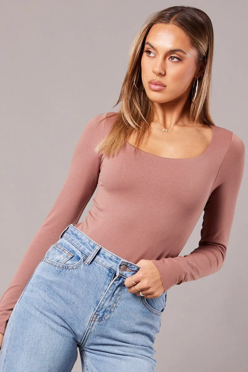 Pink Bodysuit Long Sleeve Square Neck Seamless sold by Ally Fashion