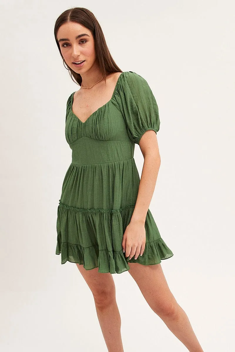Green Fit And Flare Dress Puff Sleeve Sweetheart Neck sold by Ally Fashion