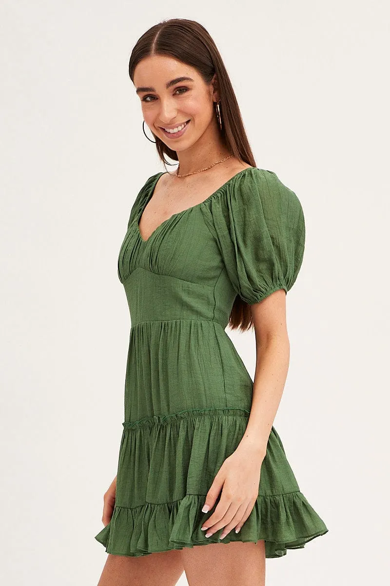 Green Fit And Flare Dress Puff Sleeve Sweetheart Neck sold by Ally Fashion product image thumbnail 4
