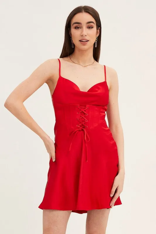 Red Mini Dress Sleeveless Cowl Neck Corset Waist Satin sold by Ally Fashion
