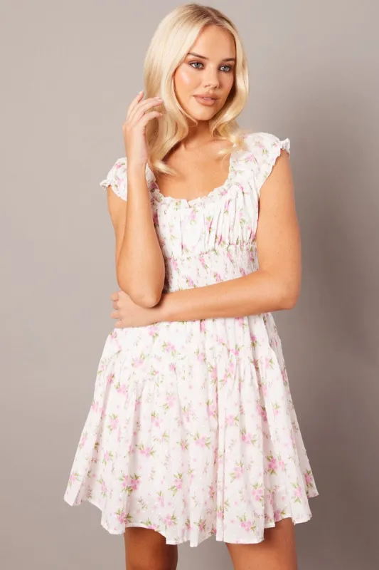 White Floral Fit And Flare Dress Puff Sleeve sold by Ally Fashion