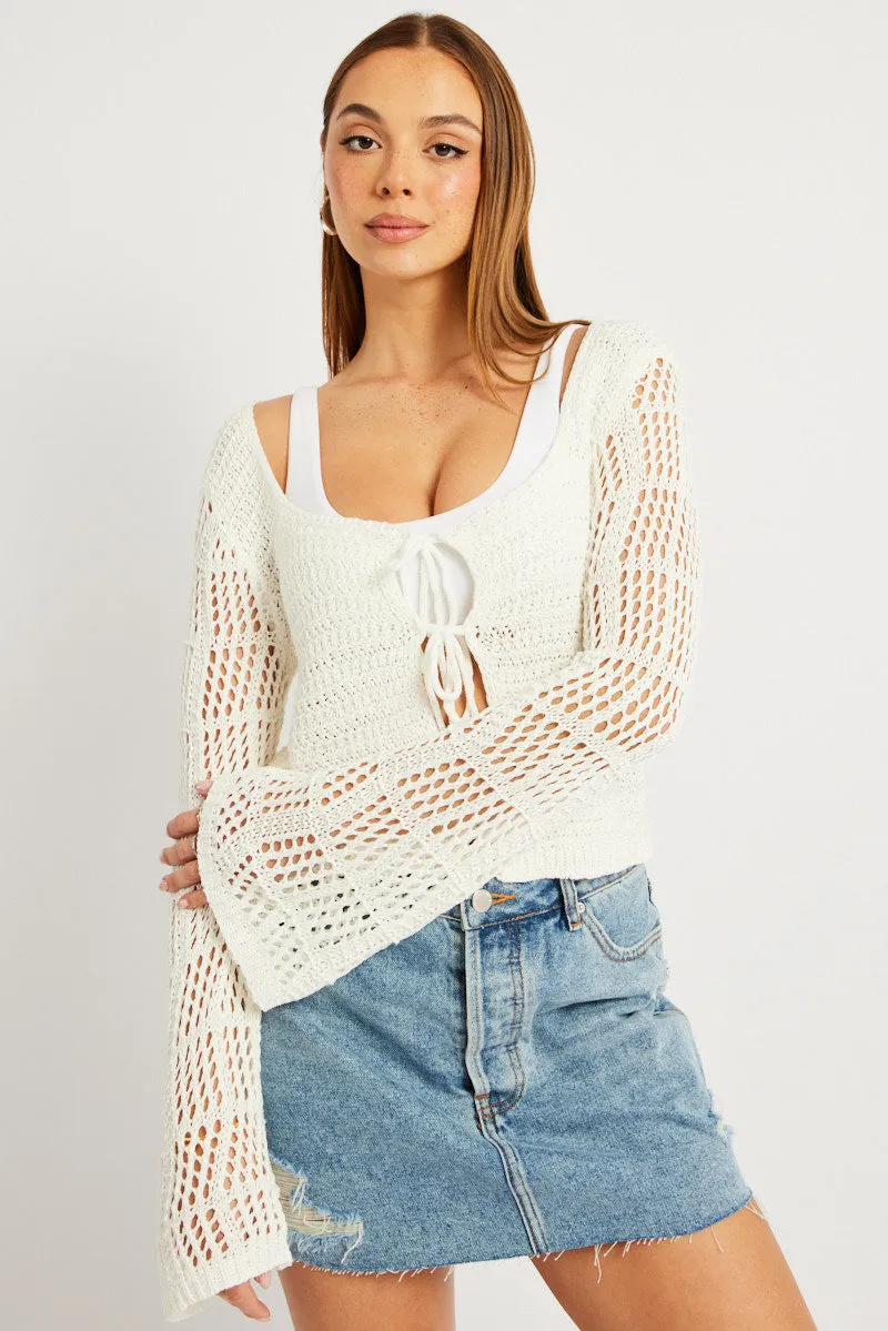 White Crochet Cardigan Long Sleeve Squared Neck sold by Ally Fashion product image thumbnail 3
