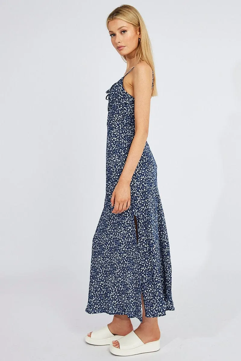Blue Floral Midi Dress Gathering Bust Sleeveless sold by Ally Fashion product image thumbnail 4