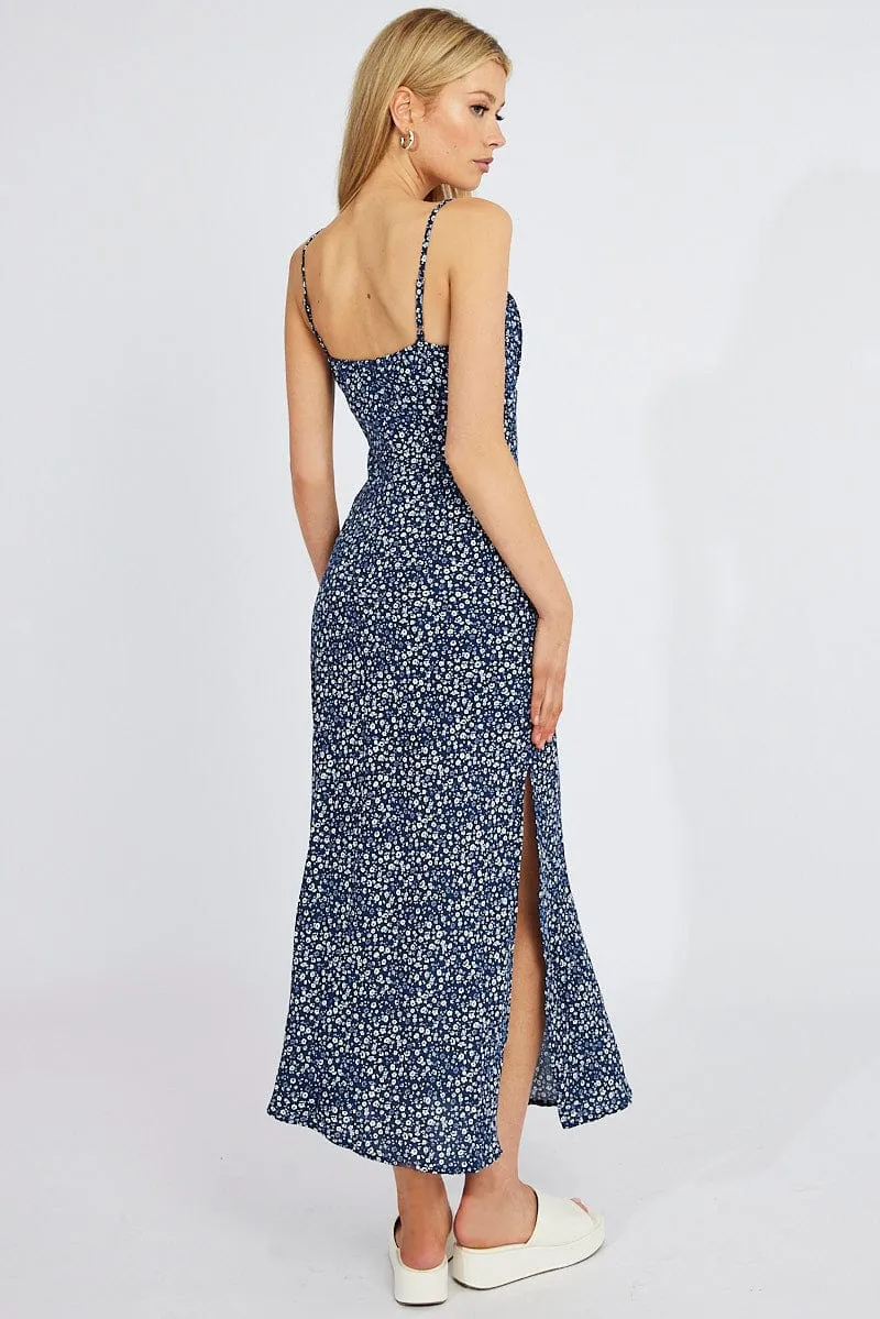 Blue Floral Midi Dress Gathering Bust Sleeveless sold by Ally Fashion product image thumbnail 5