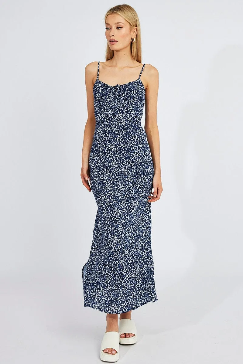 Blue Floral Midi Dress Gathering Bust Sleeveless sold by Ally Fashion product image thumbnail 2
