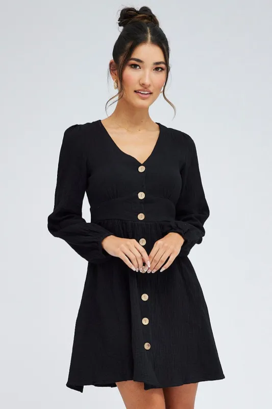 Black Long Sleeve Button Front Dress sold by Ally Fashion