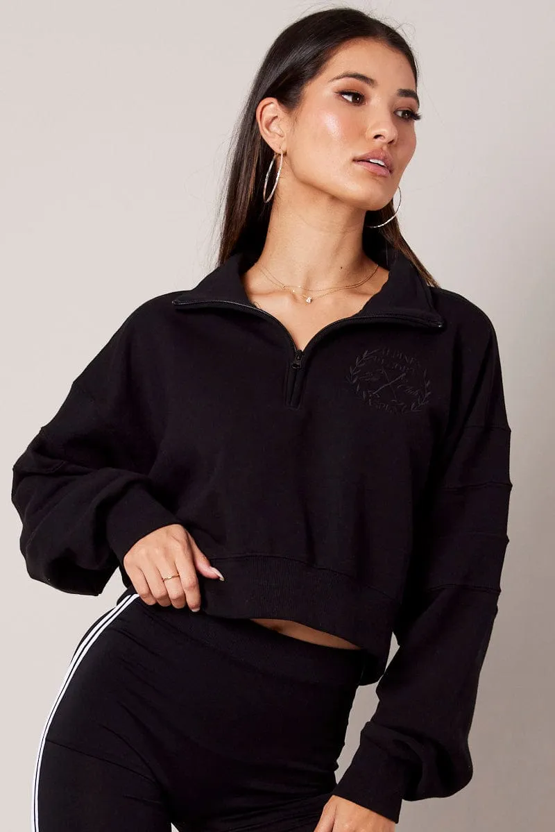 Black Zip Up Sweater Crop Long Sleeve High Neck sold by Ally Fashion