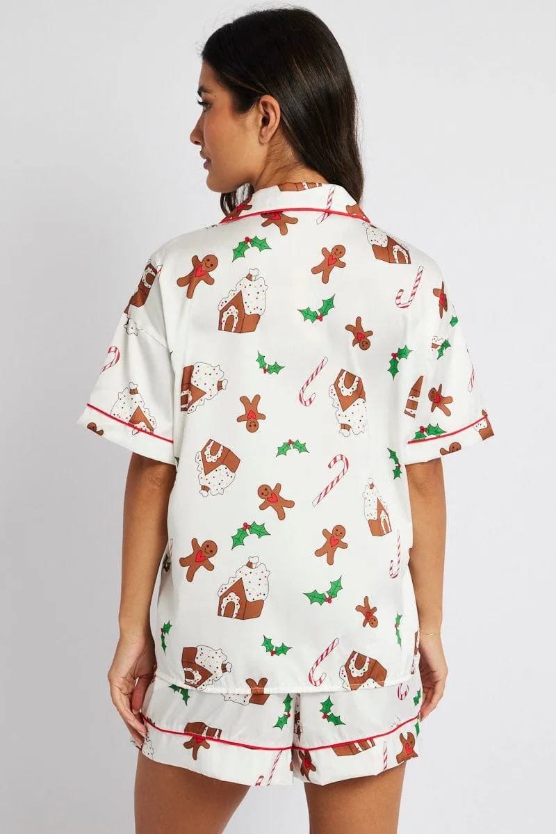 White Print Christmas Pyjama Set Gingerbread Piping Satin PJ sold by Ally Fashion product image thumbnail 5