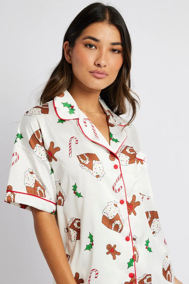 White Print Christmas Pyjama Set Gingerbread Piping Satin PJ sold by Ally Fashion product image thumbnail 2