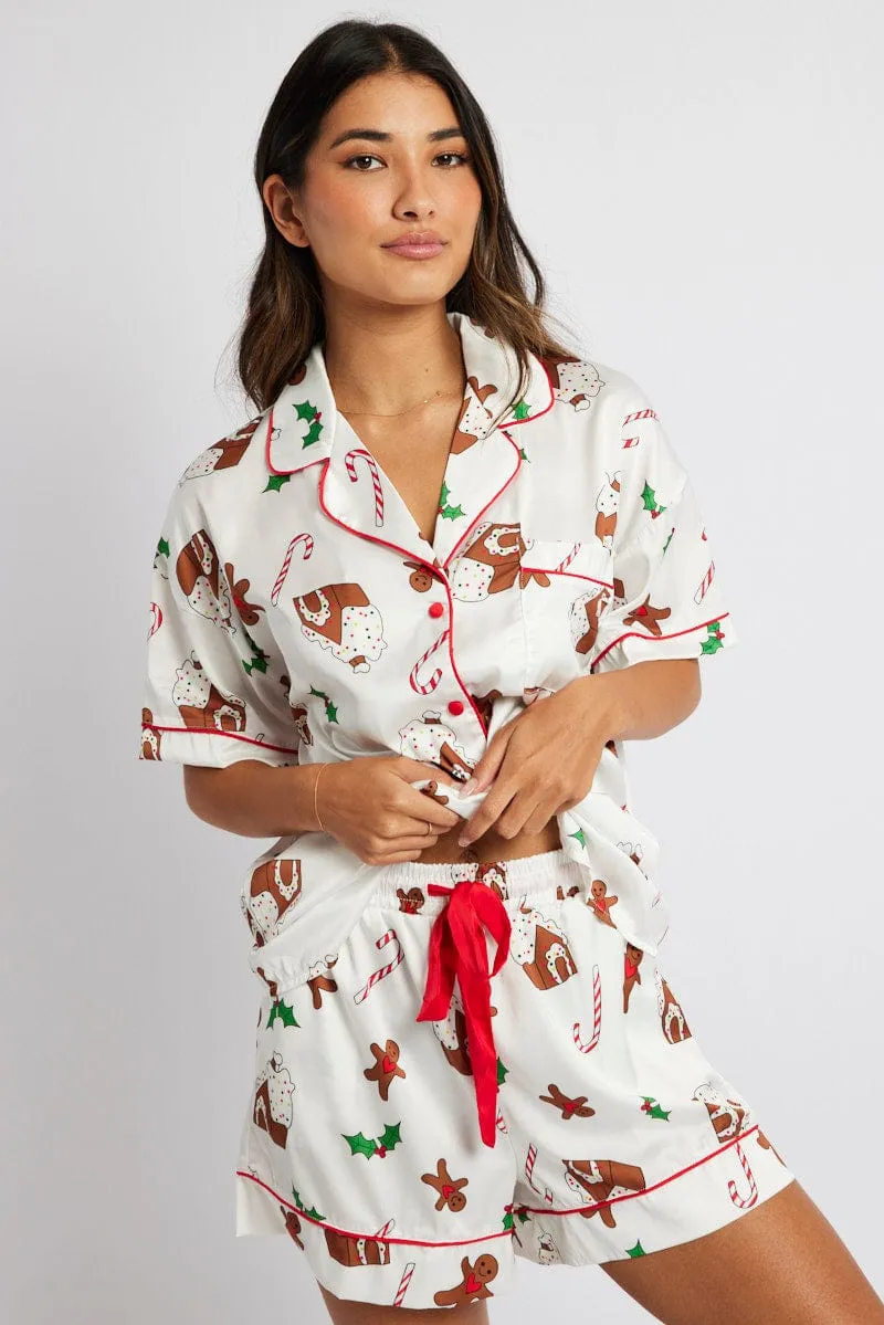 White Print Christmas Pyjama Set Gingerbread Piping Satin PJ sold by Ally Fashion product image thumbnail 3