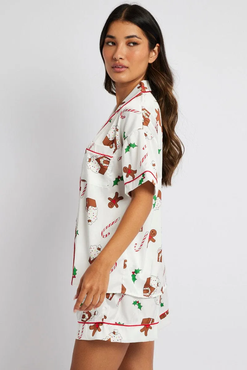 White Print Christmas Pyjama Set Gingerbread Piping Satin PJ sold by Ally Fashion product image thumbnail 4