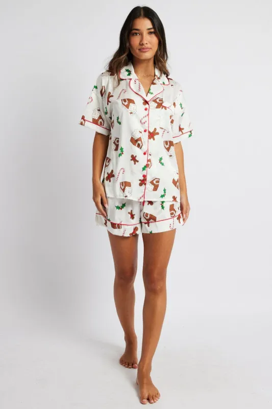 White Print Christmas Pyjama Set Gingerbread Piping Satin PJ sold by Ally Fashion