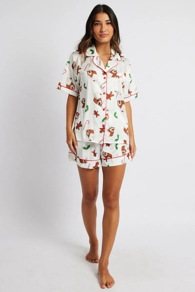 White Print Christmas Pyjama Set Gingerbread Piping Satin PJ sold by Ally Fashion