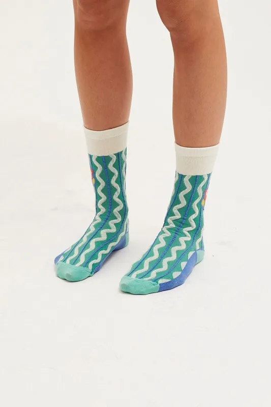 Green Wave And Flower Socks sold by Ally Fashion