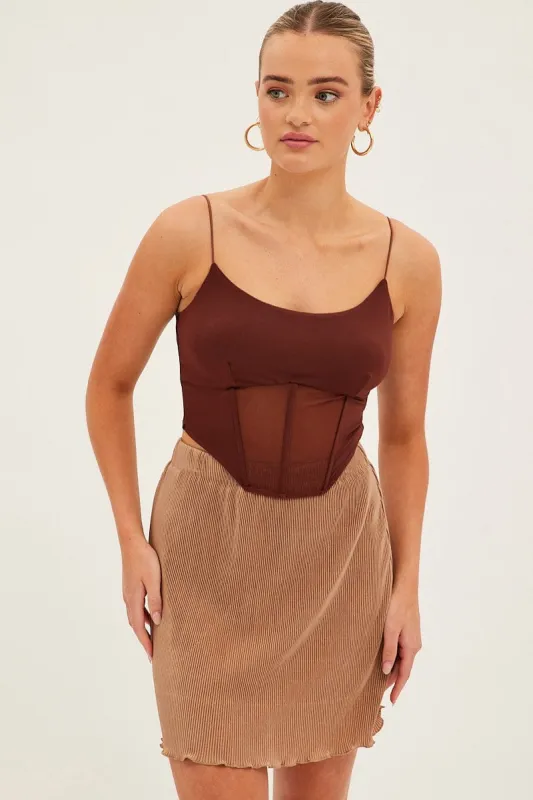 Brown Plisse Mini Skirt sold by Ally Fashion