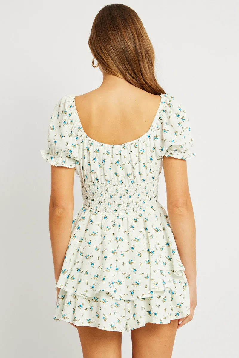 White Ditsy Ruffle Playsuit Short Sleeve Ruched Bust sold by Ally Fashion product image thumbnail 5