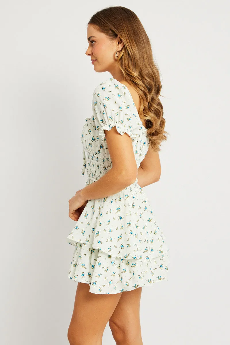 White Ditsy Ruffle Playsuit Short Sleeve Ruched Bust sold by Ally Fashion product image thumbnail 4