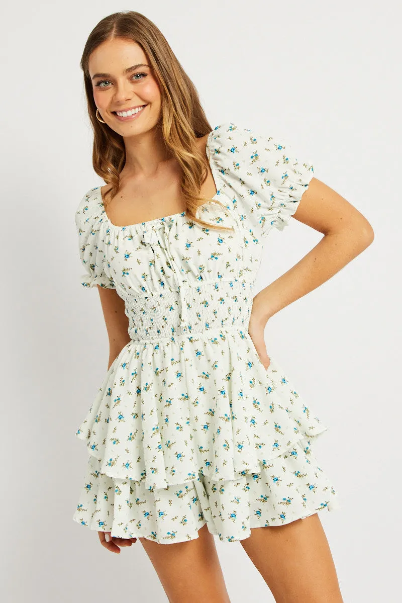 White Ditsy Ruffle Playsuit Short Sleeve Ruched Bust sold by Ally Fashion product image thumbnail 3
