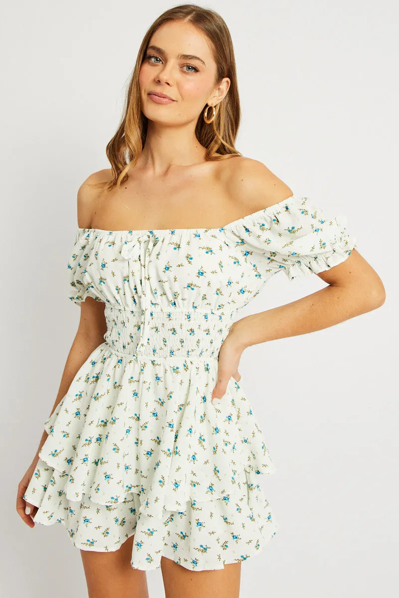 White Ditsy Ruffle Playsuit Short Sleeve Ruched Bust sold by Ally Fashion