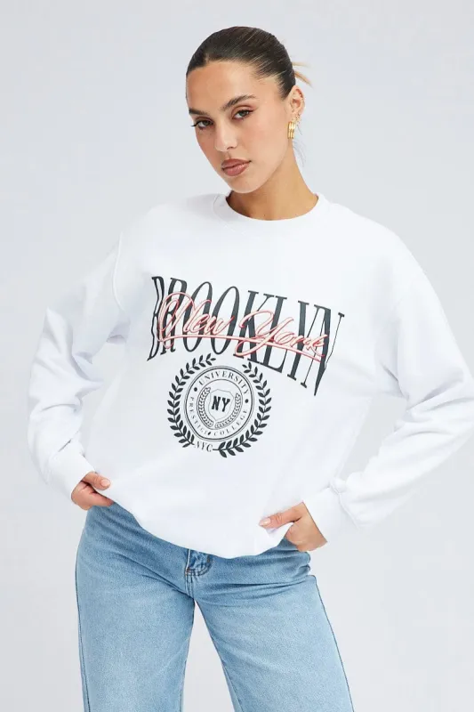 White Sweat Shirt Long Sleeve Crew Neck Brooklyn sold by Ally Fashion