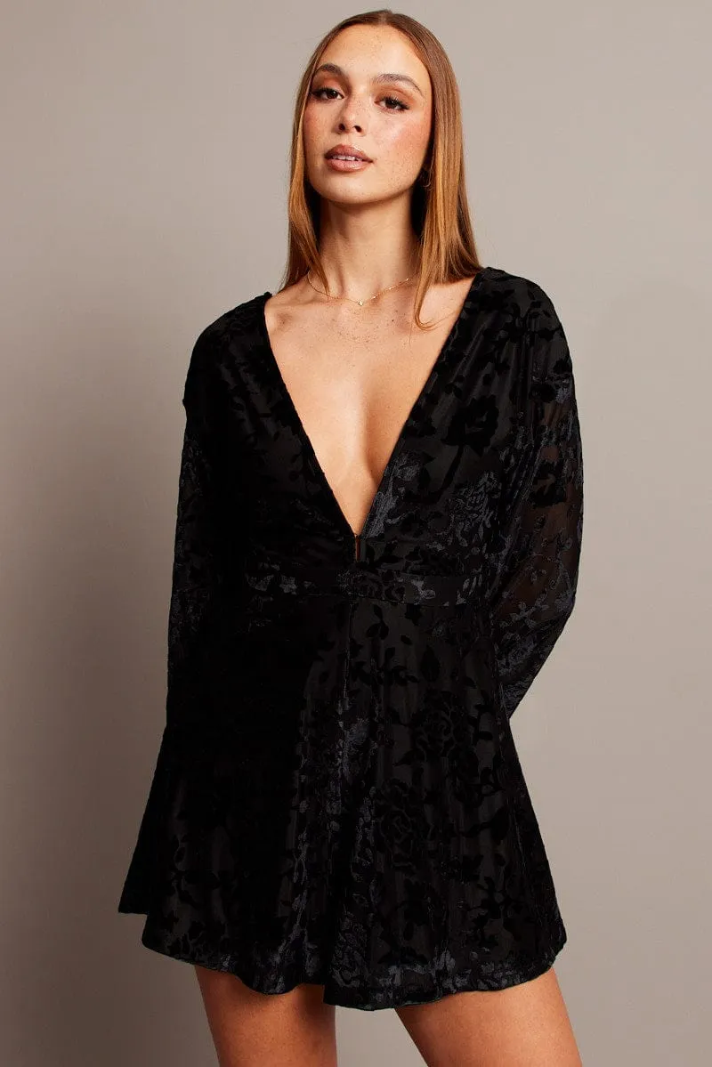 Black Playsuit Flare Sleeve Velvet Burnout Devore sold by Ally Fashion product image thumbnail 3