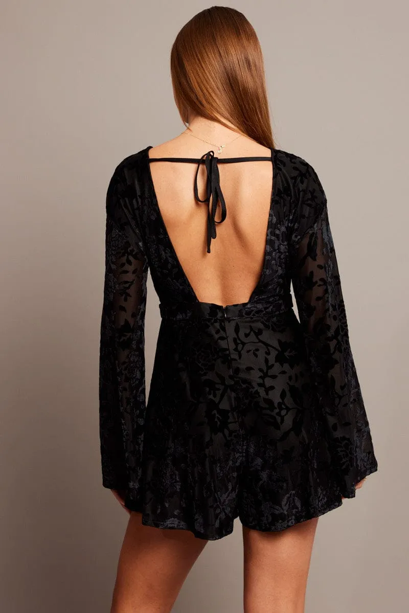 Black Playsuit Flare Sleeve Velvet Burnout Devore sold by Ally Fashion product image thumbnail 5