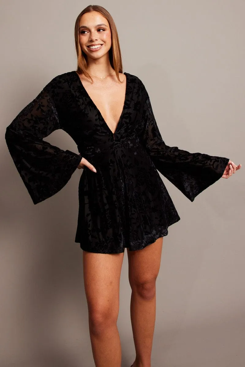 Black Playsuit Flare Sleeve Velvet Burnout Devore sold by Ally Fashion product image thumbnail 2