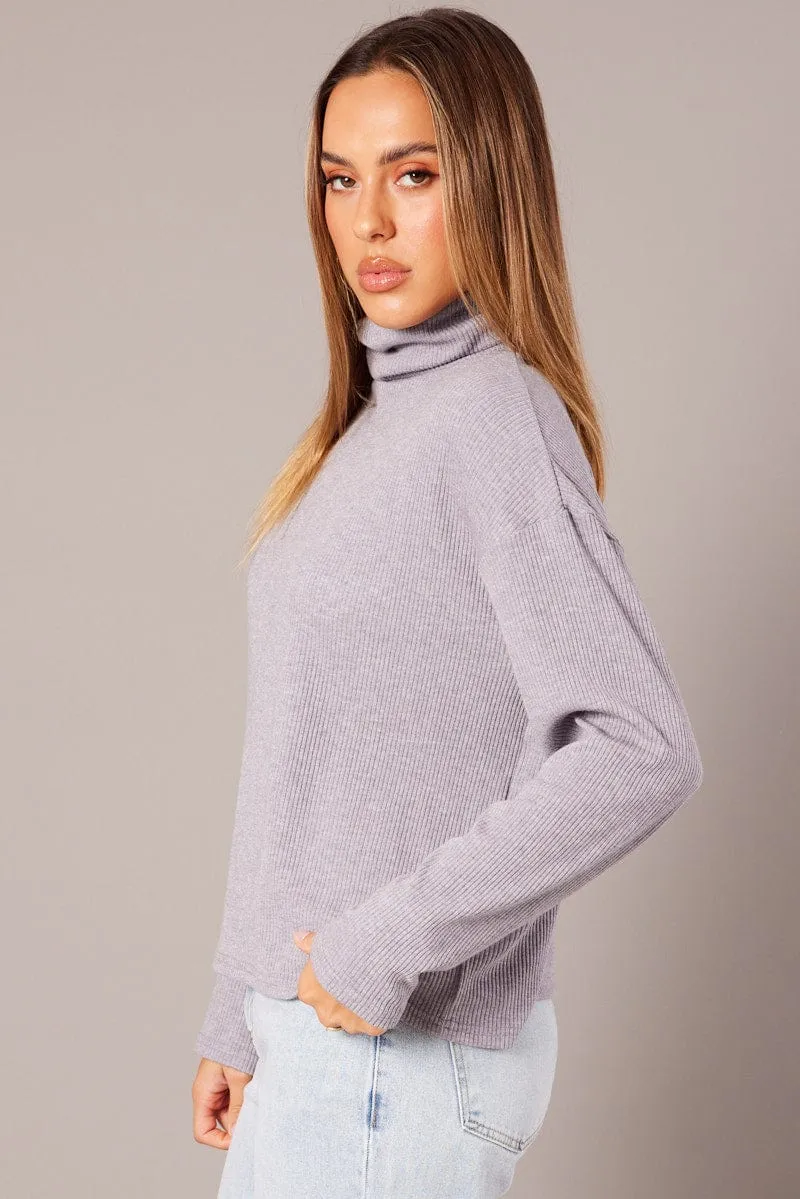 Grey Top High Neck Long Sleeve Relaxed Fit Rib Jersey sold by Ally Fashion product image thumbnail 4