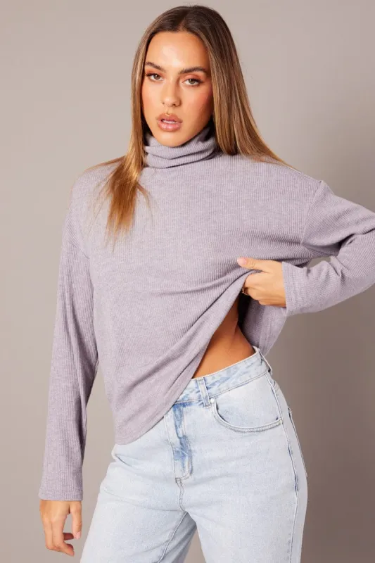 Grey Top High Neck Long Sleeve Relaxed Fit Rib Jersey sold by Ally Fashion