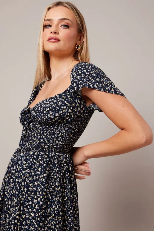 Black Ditsy Shirred Playsuit Short Sleeve Ruched Bust sold by Ally Fashion