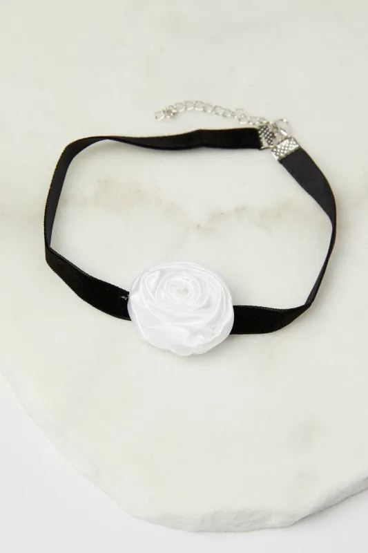 White Rosette Flower Corsage Rose Choker sold by Ally Fashion