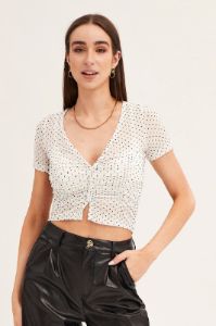 Polka Dot Mesh Short Sleeve V Neck Ruched Top sold by Ally Fashion