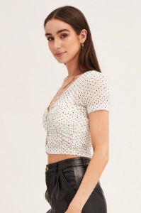 Polka Dot Mesh Short Sleeve V Neck Ruched Top sold by Ally Fashion
