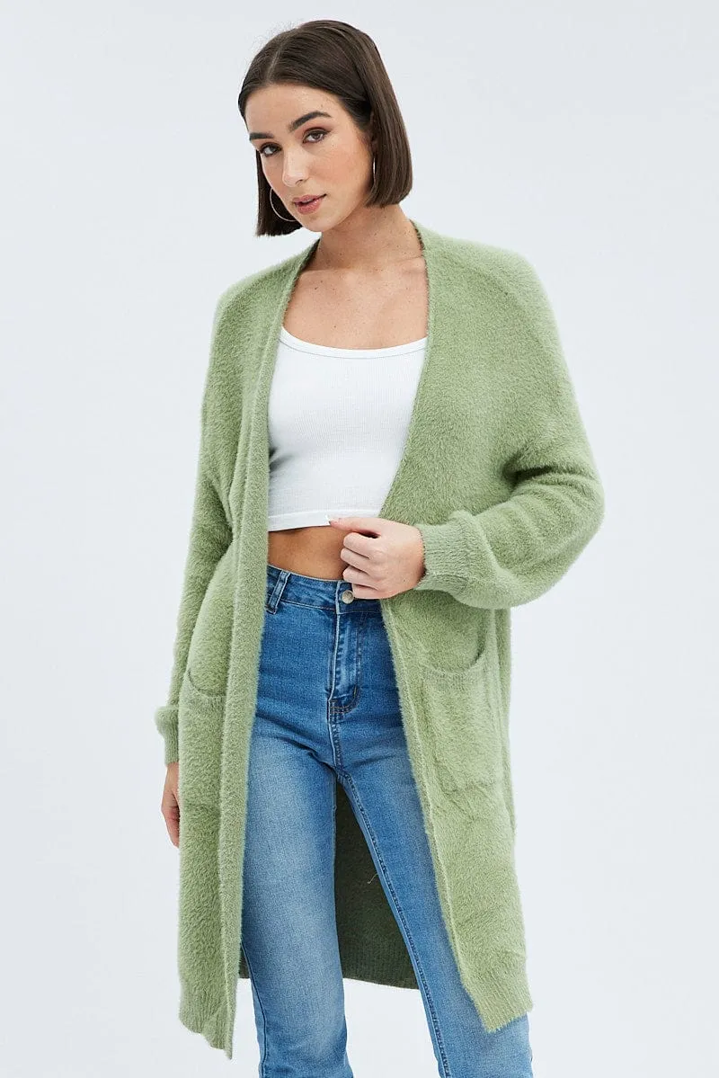 Green Longline Cardigan Fluffy sold by Ally Fashion