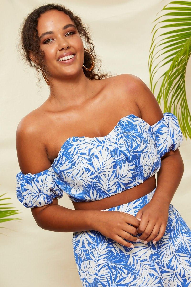 Mono Print Ruched Palm Tree Print Bardot Crop Top sold by Ally Fashion product image thumbnail 5